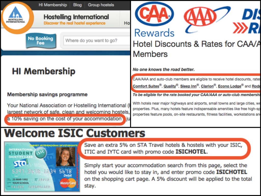 CAA AAA ISIC Hostelling International Hotel Discounts